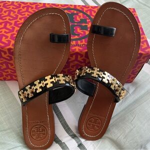 Tory Burch Black and Gold Puzzle Sandals